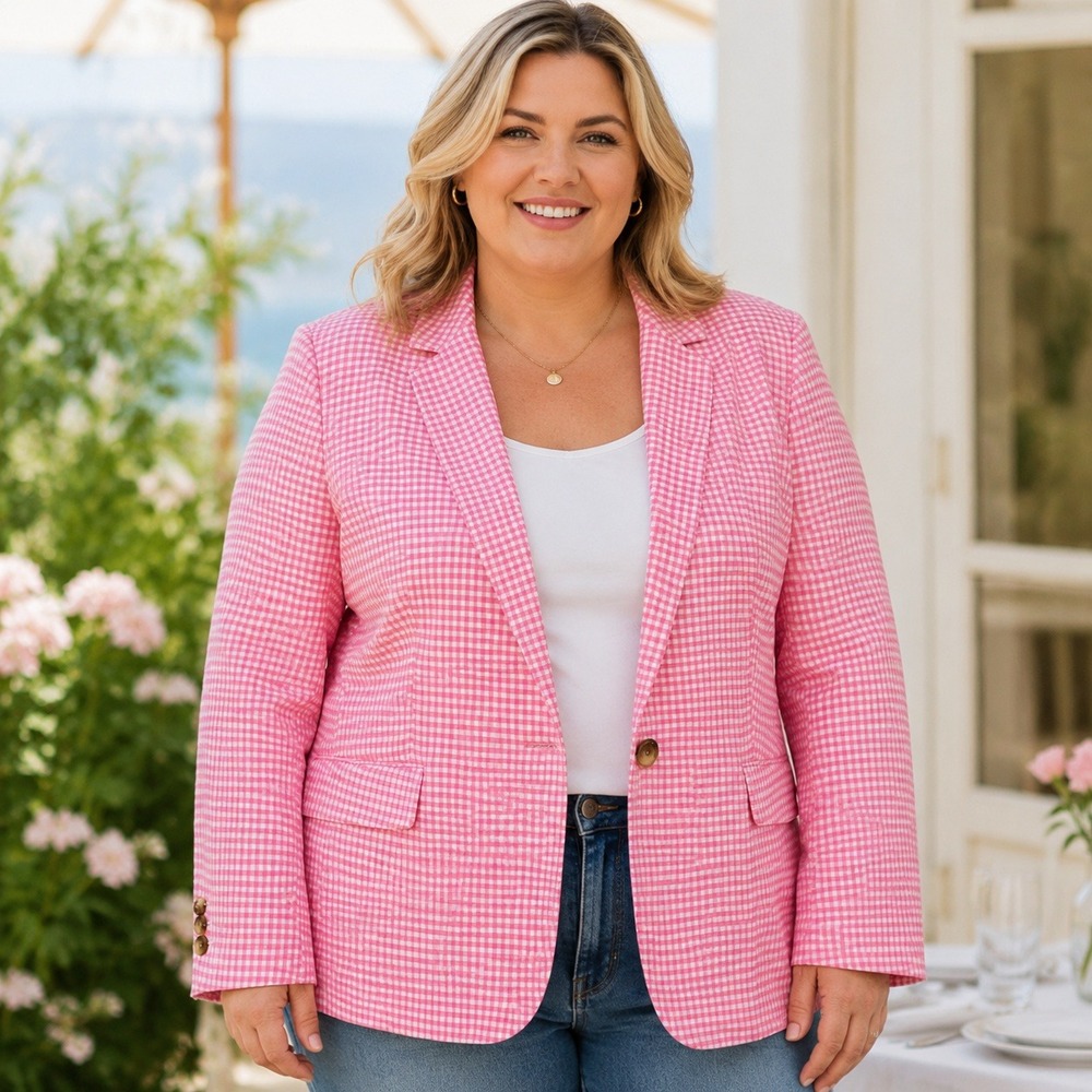 Talbots Classic Summer Blazer Size 24W Pink Gingham Preppy Linen Cotton Spring